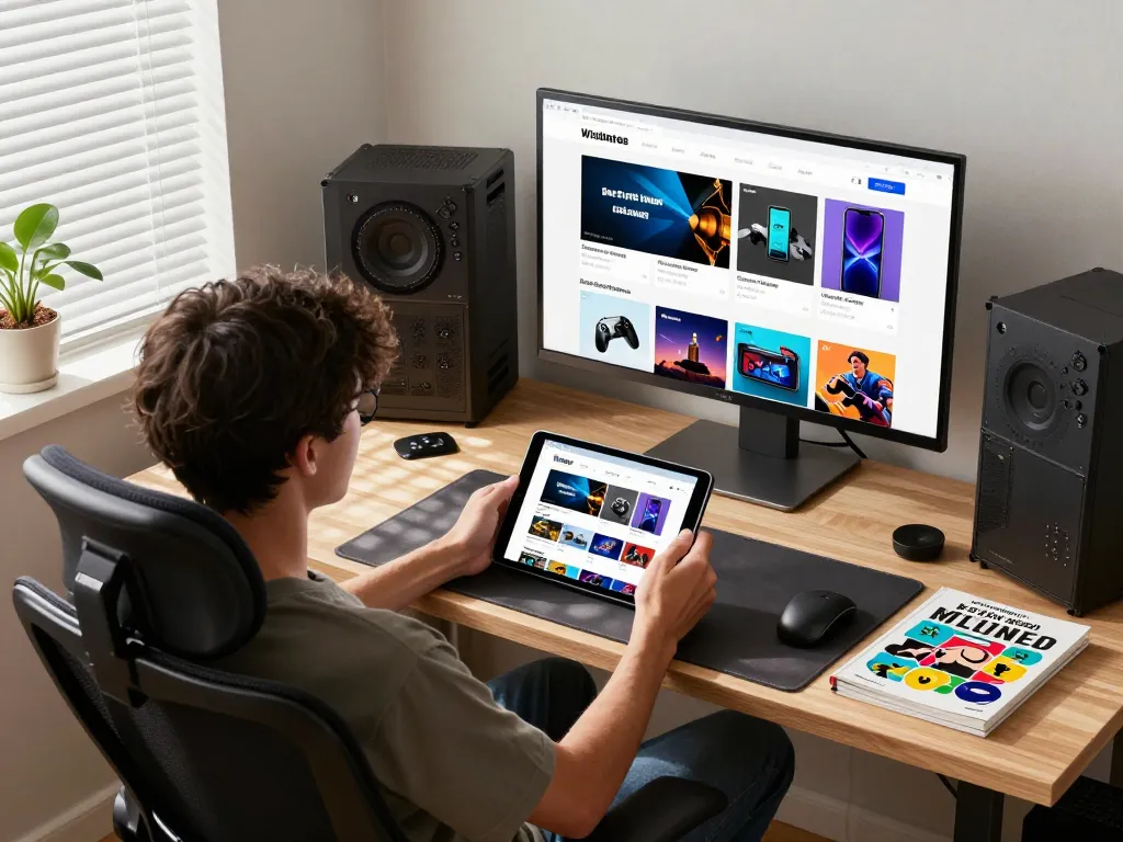 Engaged user exploring the best widget store on tablet in a cozy home office.