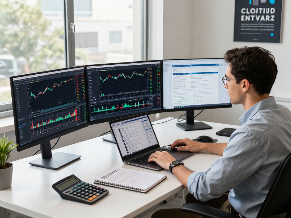 Engaged trader using TradingView at a modern workspace filled with market analysis tools.