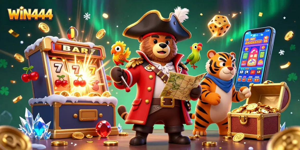 Win444 features a 3D cartoon pirate captain bear and a fierce tiger in a captivating casino scene.