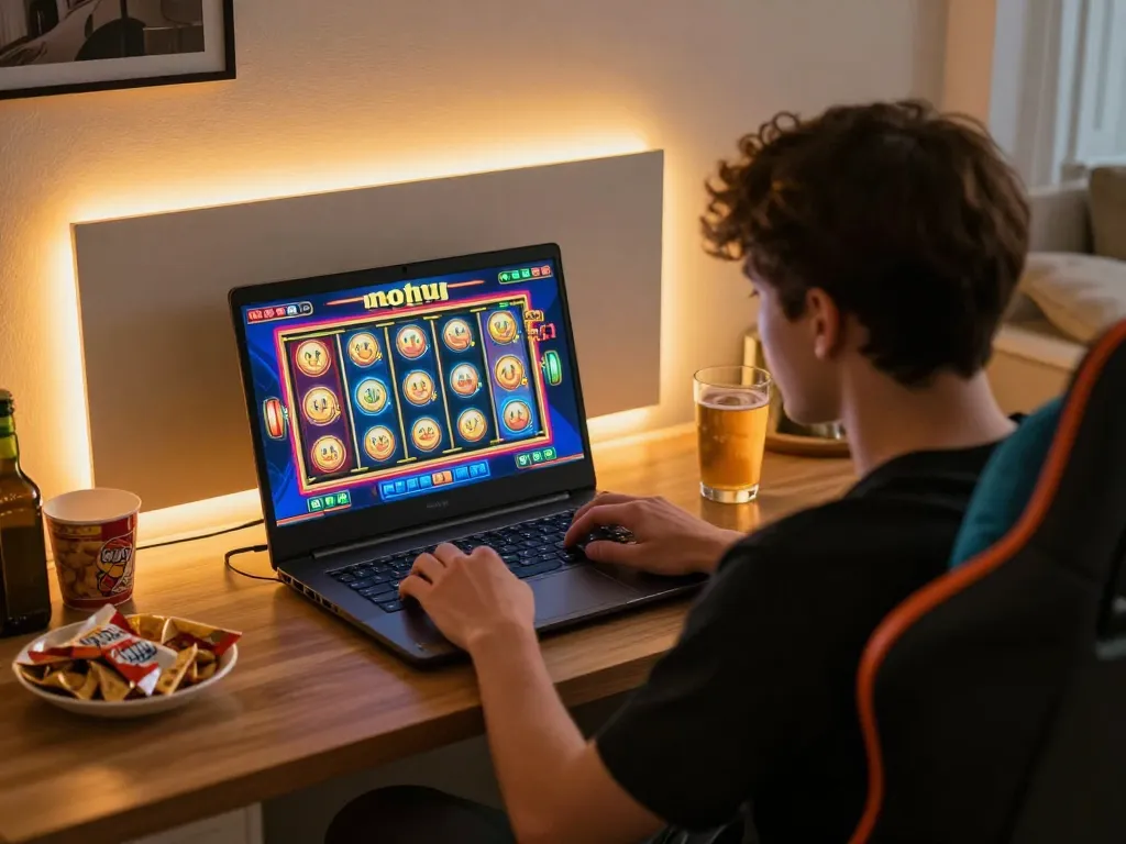 Nohu slot game engagement at home, highlighting vibrant reels and cozy gaming setup