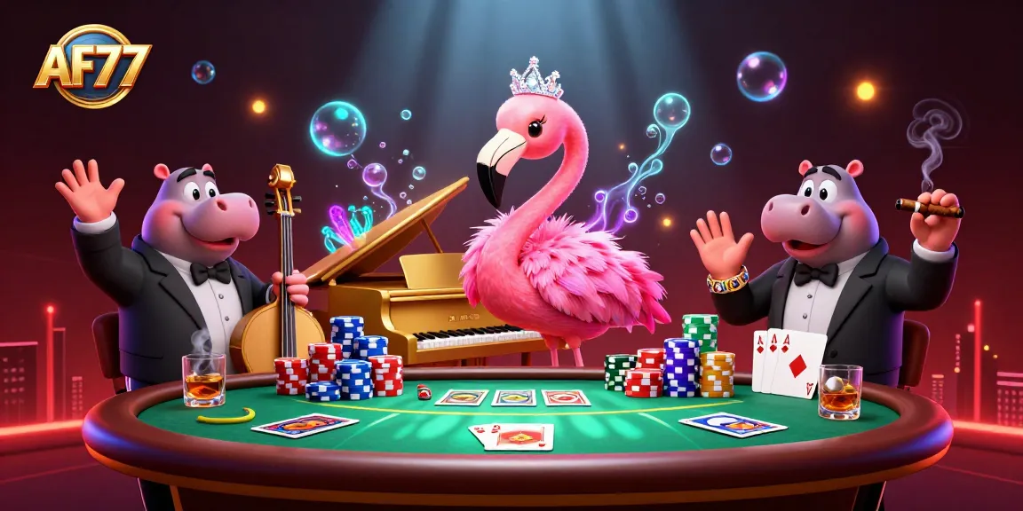 Join the vibrant AF77 casino scene with flamingos and hippos as they deal winning hands.