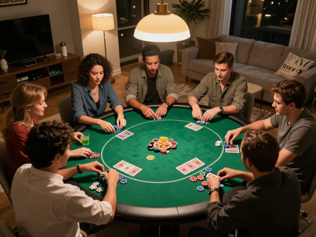 Engaging in a thrilling poker night with friends at home, showcasing 包网 strategies with chips and cards.