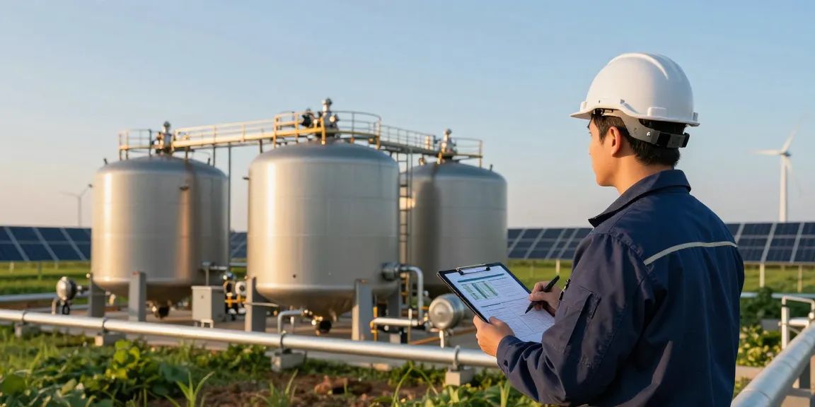 Biogas production site with engineer inspecting anaerobic digesters and renewable energy solutions