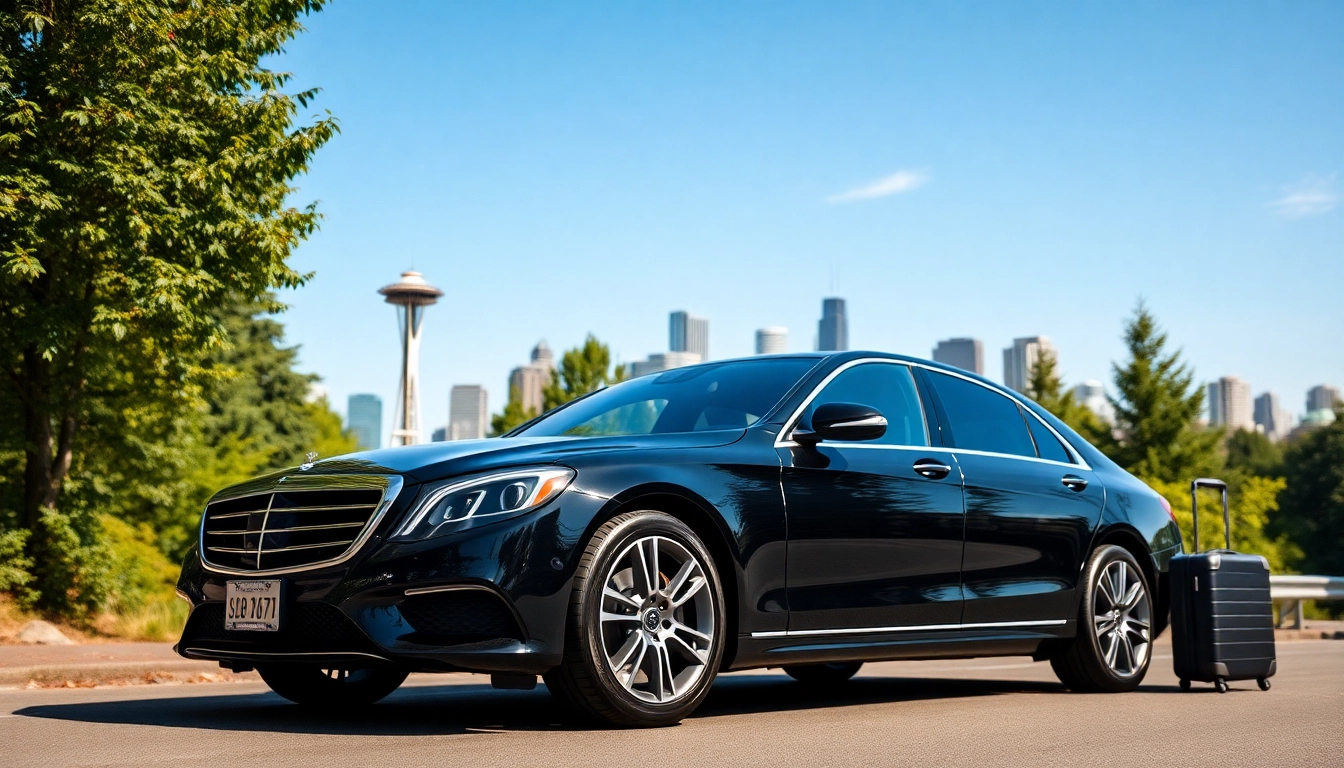 Experience premium car service from vancouver to seattle with a sleek luxury vehicle near the Seattle skyline.