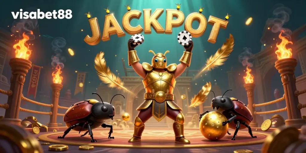 Experience the thrill of visabet88 with a winning scene featuring a beetle in gladiator armor lifting a poker chip, celebrating the jackpot.