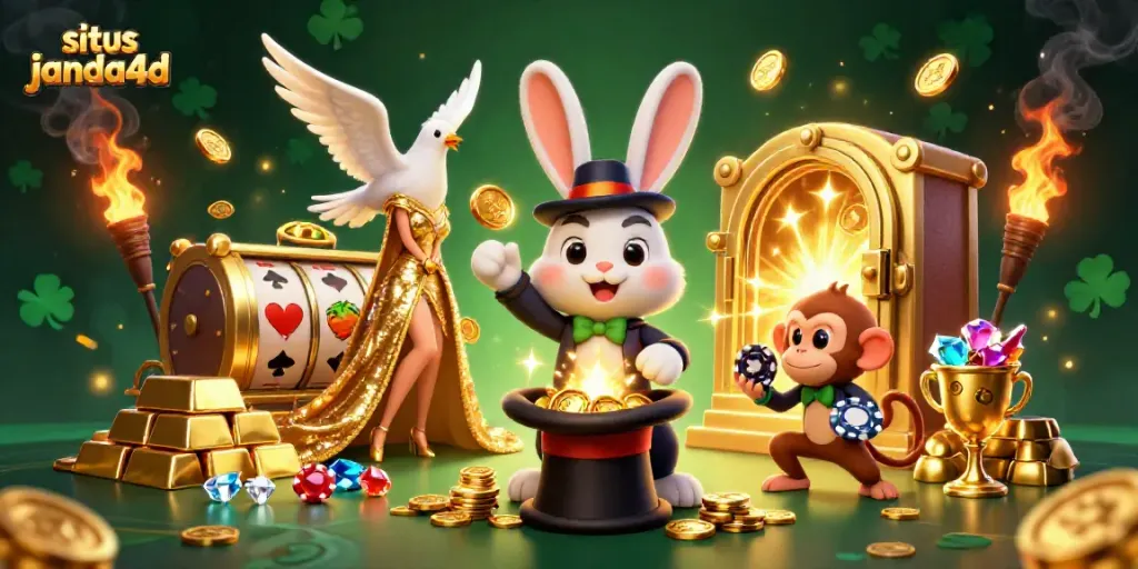 Kemenangan dalam permainan di situs janda4d dengan ilustrasi karakter kasino yang menarik.