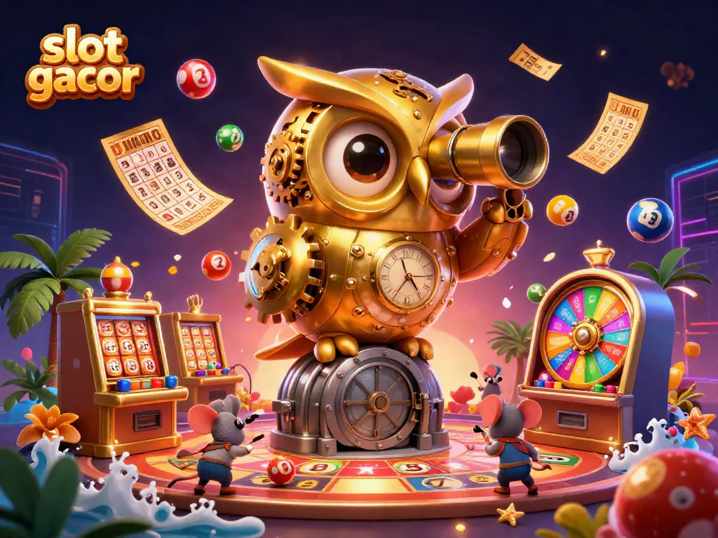 Spin the reels of slot gacor in this vibrant casino scene with golden owl and lively game elements.