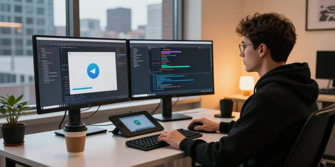 Developer coding on dual monitors in a modern workspace showcasing telegram官网 app elements.