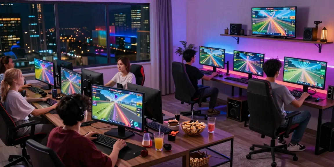 Players enjoying the aviator game in a vibrant gaming setup with multiple screens and a cityscape backdrop.