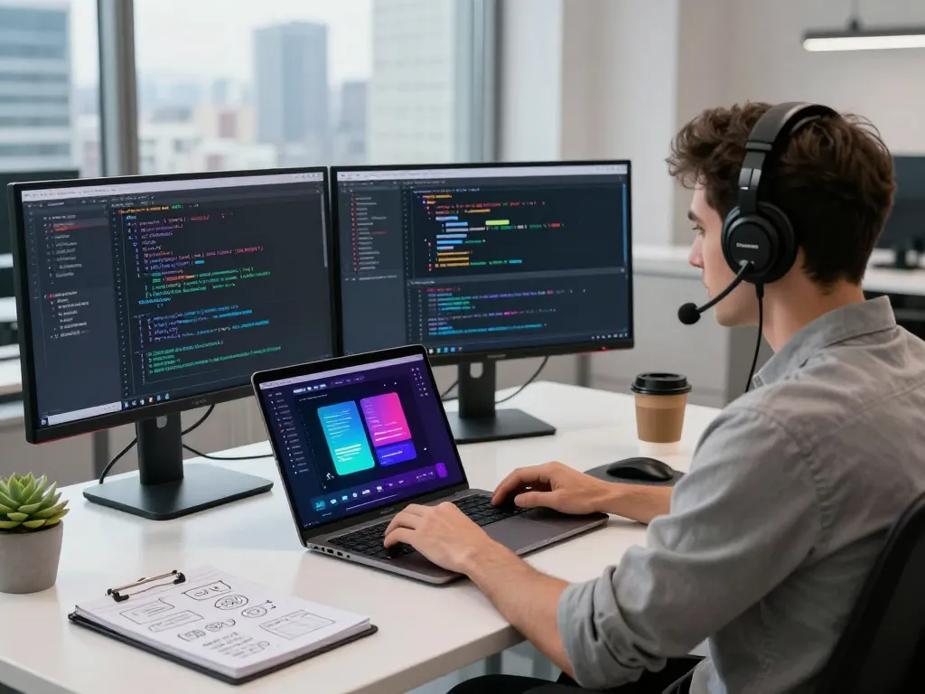 Developer coding an openclaw AI assistant on multiple screens in a modern workspace