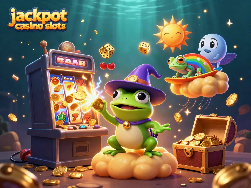 Experience big wins with jackpot casino slots, as a wizard frog conjures coins and a chameleon surfs clouds.