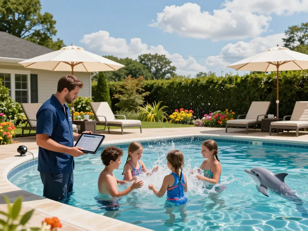Dolphin Pool Services technician inspecting pool equipment while family enjoys the water in Virginia backyard.