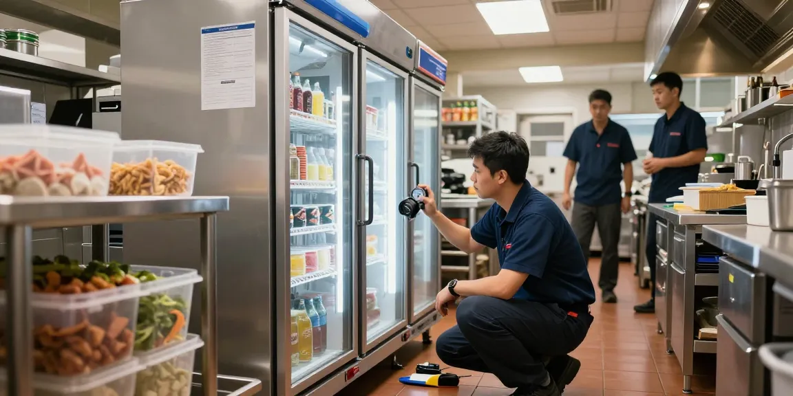 Commercial Freezer Repair in progress with technician fixing a freezer in a busy restaurant kitchen.
