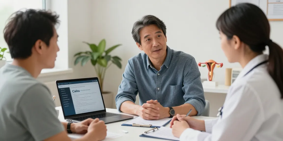Cialis consultation scene with patient discussing erectile dysfunction in a warm clinic setting.