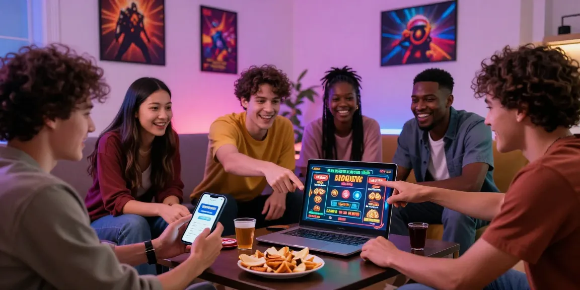 Aufregende Gruppe, die Spiele in einem Paysafe Card Casino mit einem Smartphone für einfache Transaktionen genießt.