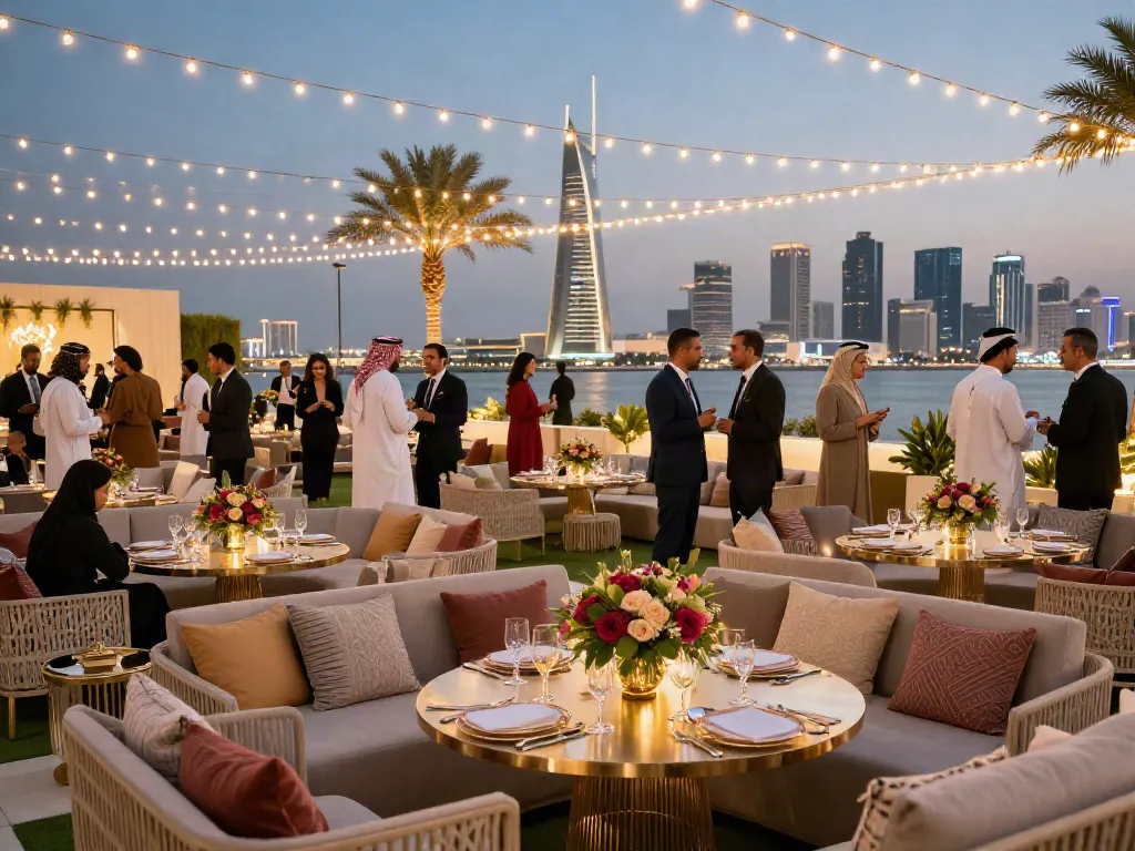 Event rental ksa at an elegant outdoor networking event in Riyadh showcasing luxury tables and ambient lighting.