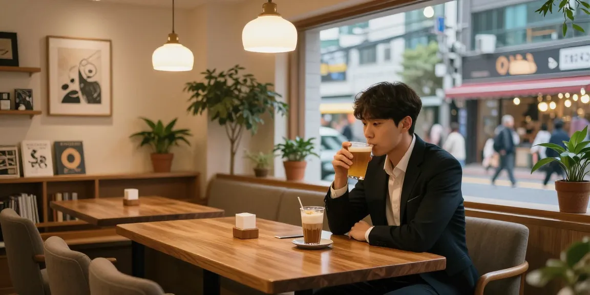 강남쩜오 멀리건에서 혼자 시간을 즐기는 직장인 모습, 아늑하고 세련된 분위기의 공간입니다.