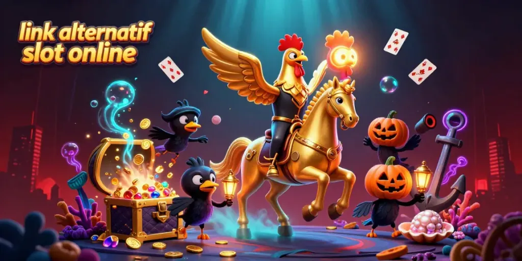 Memenangkan jackpot di link alternatif slot online dengan karakter kuda hantu bersinar dan elemen slot yang menarik.