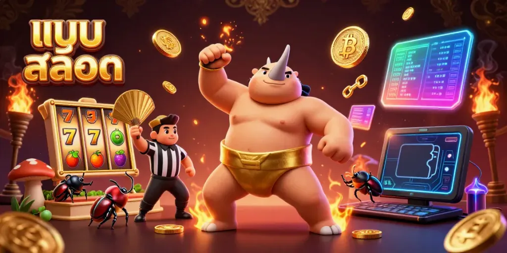 Experience thrilling แบบสล็อต action with sumo beetle champion, glowing coins, and dynamic game elements.