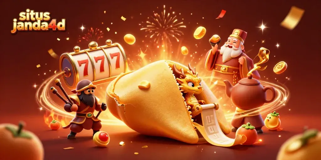 Situs janda4d menampilkan ilustrasi kasino 3D yang meriah dengan karakter menarik dan elemen perjudian.