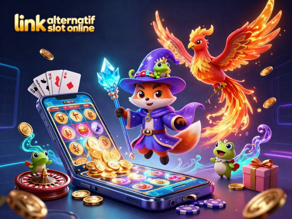 Link alternatif slot online menampilkan ilustrasi karakter dan elemen kasino dalam suasana magis.