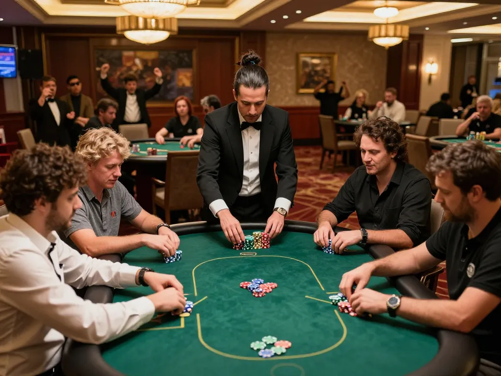 Engaging poker tournament at a luxury casino showcasing serious players and vibrant chips with da88vip branding