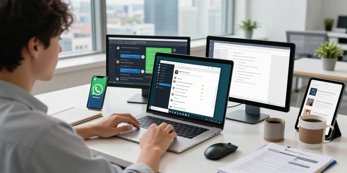 Professional using WhatsApp網頁版 on laptop in modern office setting.