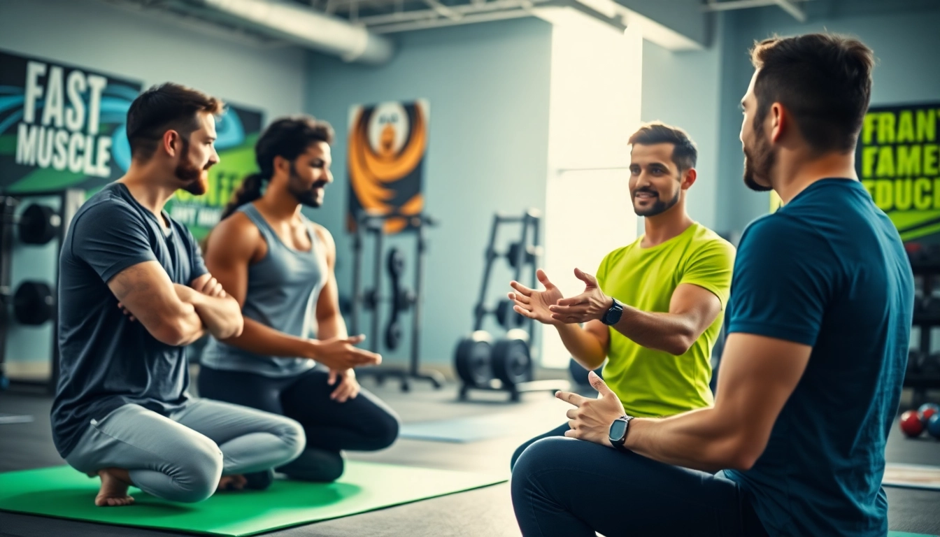 Engaging discussion on fat loss vs muscle health among fitness enthusiasts in a vibrant gym.