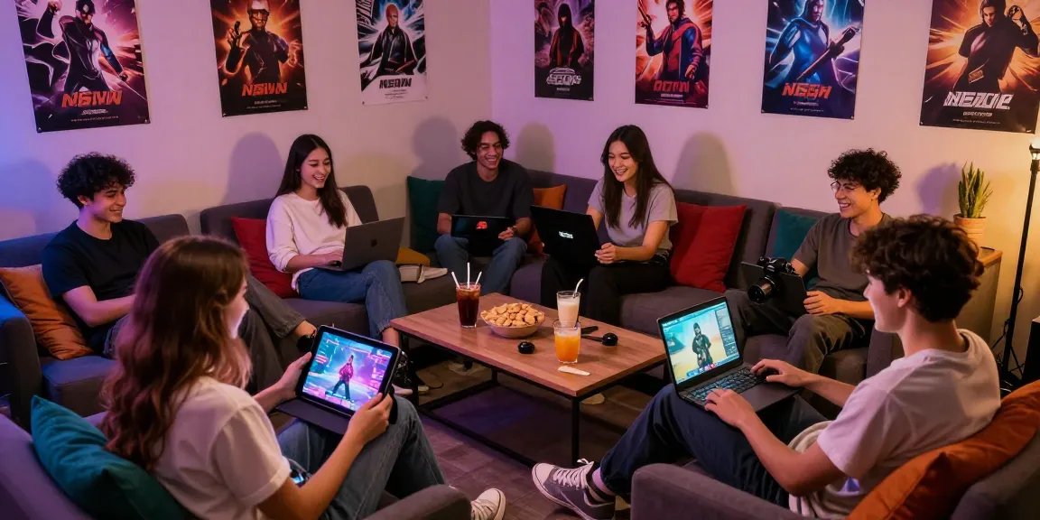 Friends playing porngame in a colorful lounge setting, showcasing devices and snacks.