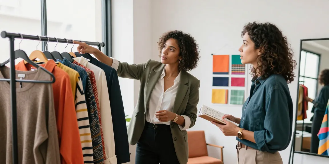 Consulente di moda discute un guardaroba capsula con cliente, mostrando capi colorati nel moderno studio luminoso.