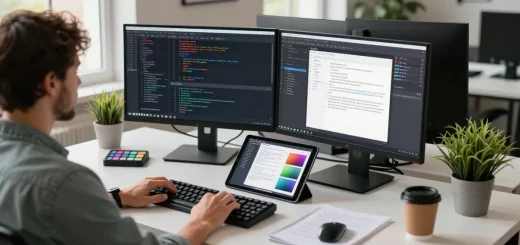 Intelligent screenshot tool development workspace with dual monitors, showcasing innovative features and design mockups