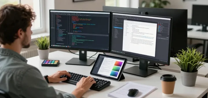 Intelligent screenshot tool development workspace with dual monitors, showcasing innovative features and design mockups