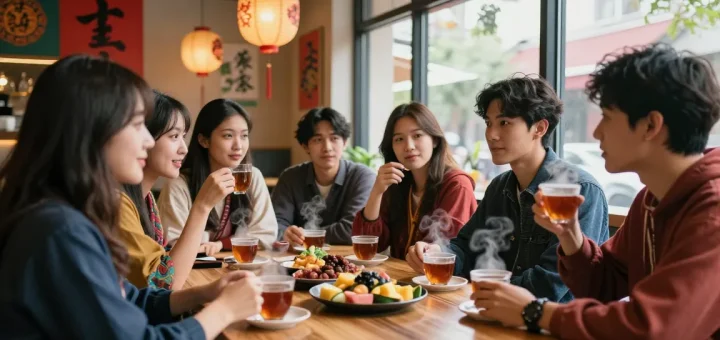 Engaging scene at https://hanadultalk.com café where diverse friends discuss Asian pop culture while enjoying snacks and tea.