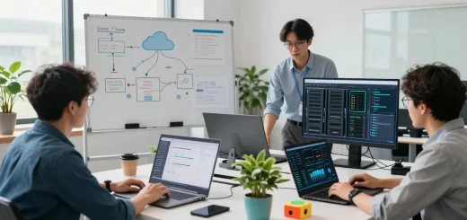 IT specialists discussing web hosting solutions, read more here about effective team collaboration in tech.